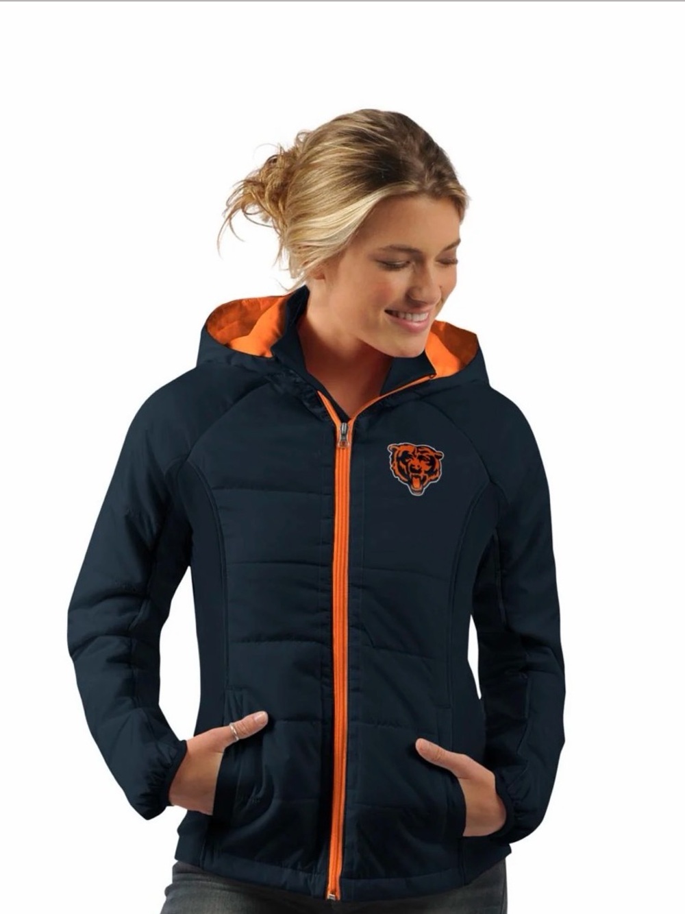 NFL Chicago Bears Navy and Orange Women's Puffer Jacket with Hood, Women’s XL